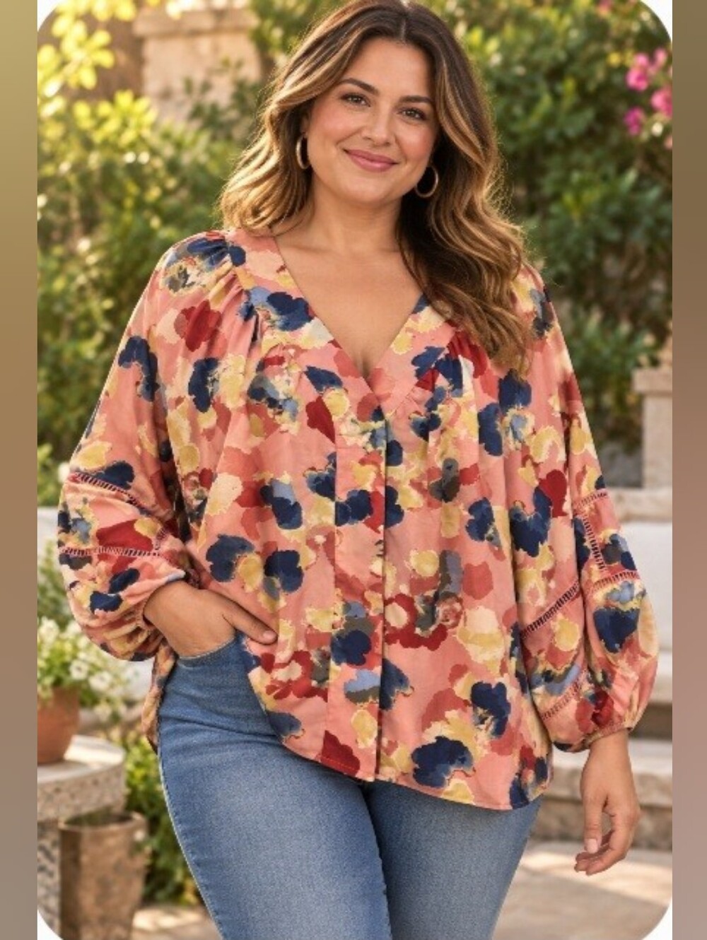 Sharagano Peach Blue Yellow Balloon Sleeve Button Front Blouse NWOT Large